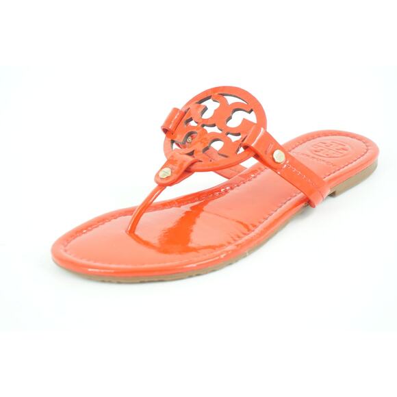 New Tory Burch Miller Poppy Red Patent Thong Sandals SZ 7.5 $275 Logo - Picture 1 of 11